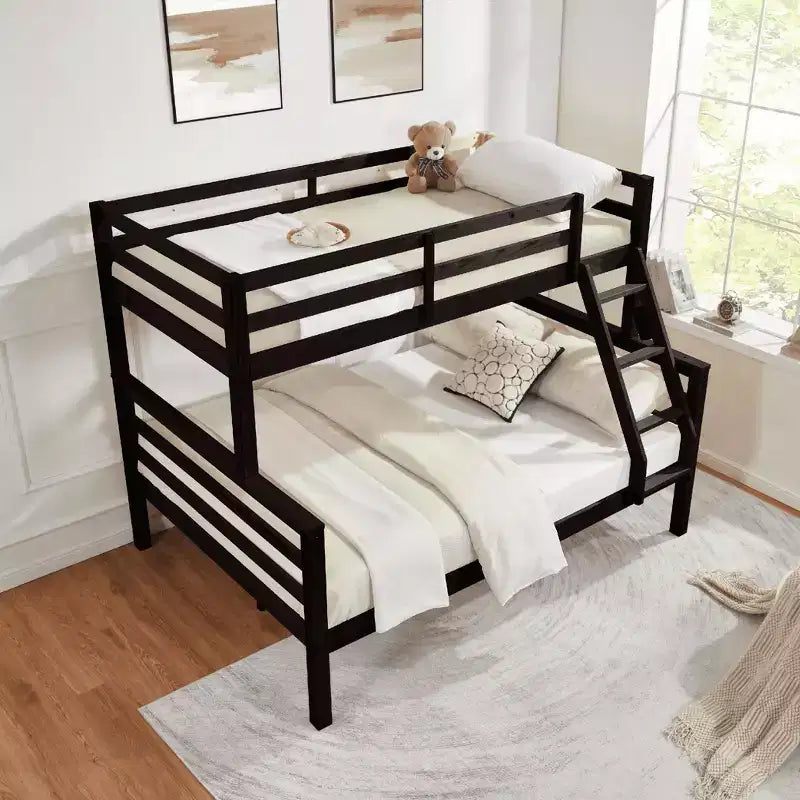 Lit superposé jumeau sur grand lit avec échelle, cadre de lit en bois avec barrière de sécurité haute pour enfants, pas besoin de sommier tapissier