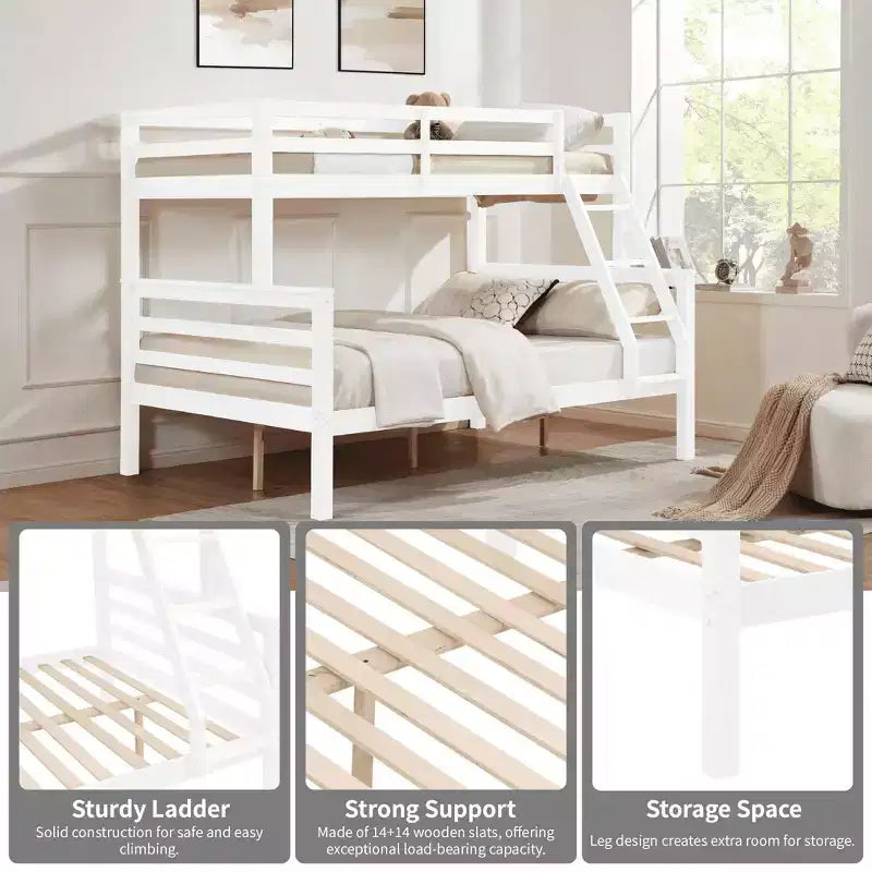 Lit superposé jumeau sur grand lit avec échelle, cadre de lit en bois avec barrière de sécurité haute pour enfants, pas besoin de sommier tapissier
