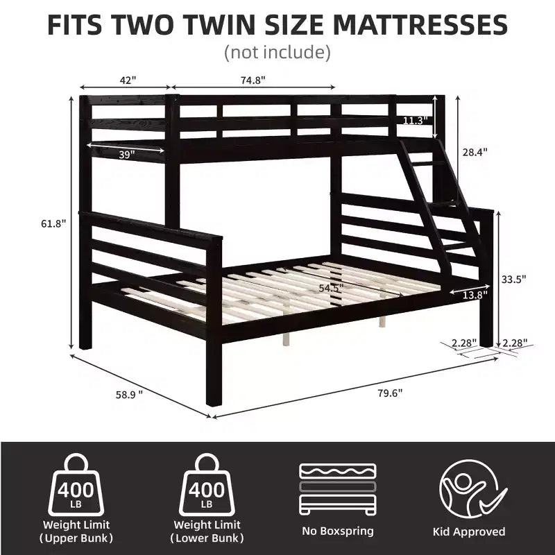 Lit superposé jumeau sur grand lit avec échelle, cadre de lit en bois avec barrière de sécurité haute pour enfants, pas besoin de sommier tapissier