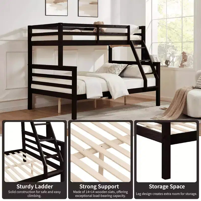 Lit superposé jumeau sur grand lit avec échelle, cadre de lit en bois avec barrière de sécurité haute pour enfants, pas besoin de sommier tapissier