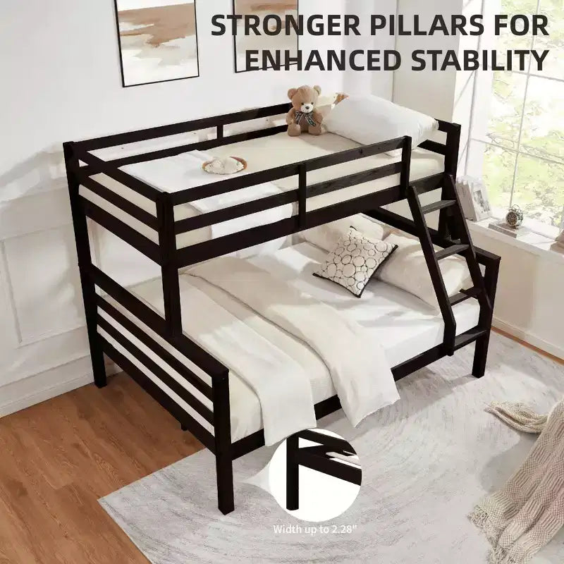 Lit superposé jumeau sur grand lit avec échelle, cadre de lit en bois avec barrière de sécurité haute pour enfants, pas besoin de sommier tapissier