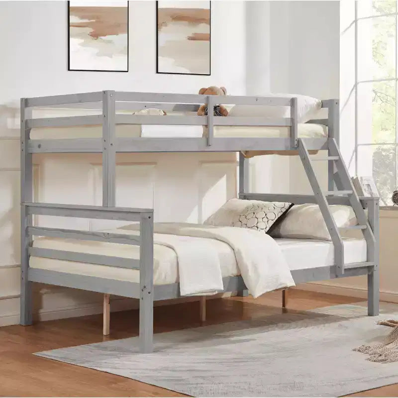 Lit superposé jumeau sur grand lit avec échelle, cadre de lit en bois avec barrière de sécurité haute pour enfants, pas besoin de sommier tapissier