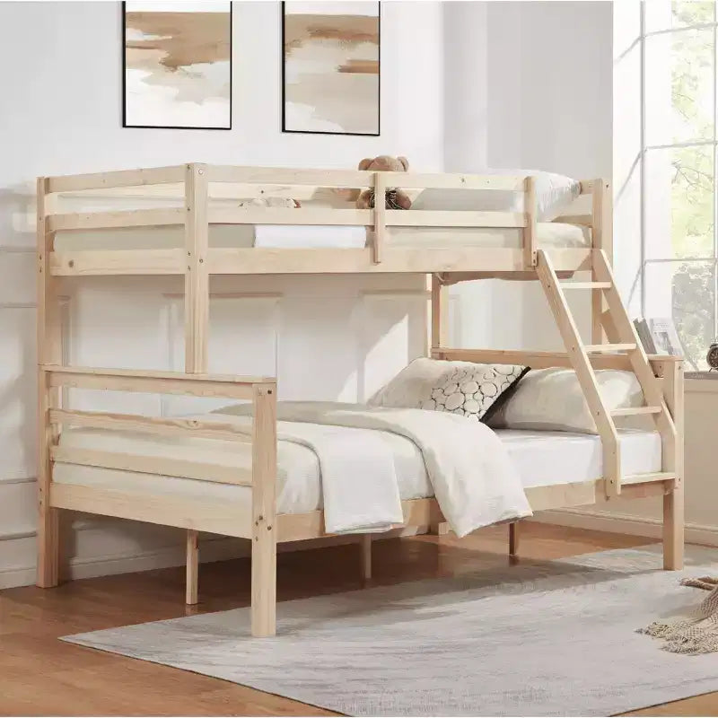 Lit superposé jumeau sur grand lit avec échelle, cadre de lit en bois avec barrière de sécurité haute pour enfants, pas besoin de sommier tapissier