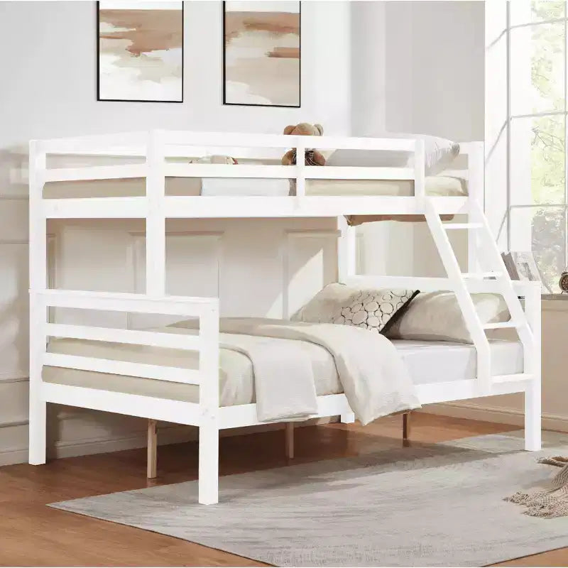 Lit superposé jumeau sur grand lit avec échelle, cadre de lit en bois avec barrière de sécurité haute pour enfants, pas besoin de sommier tapissier