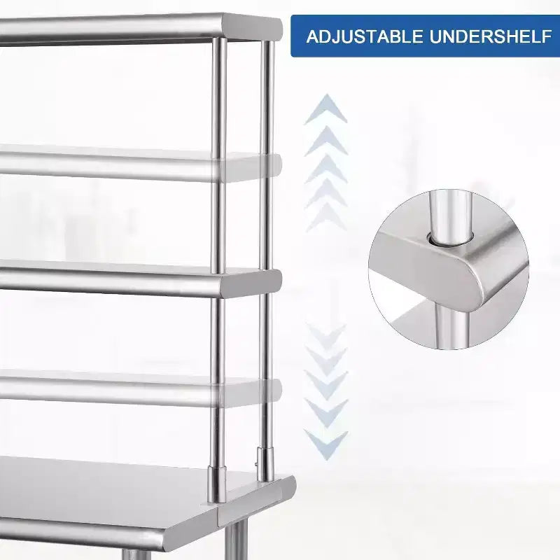 Table de travail en acier inoxydable avec crédence et roulettes, étagère inférieure réglable, pour cuisine, restaurant, buanderie