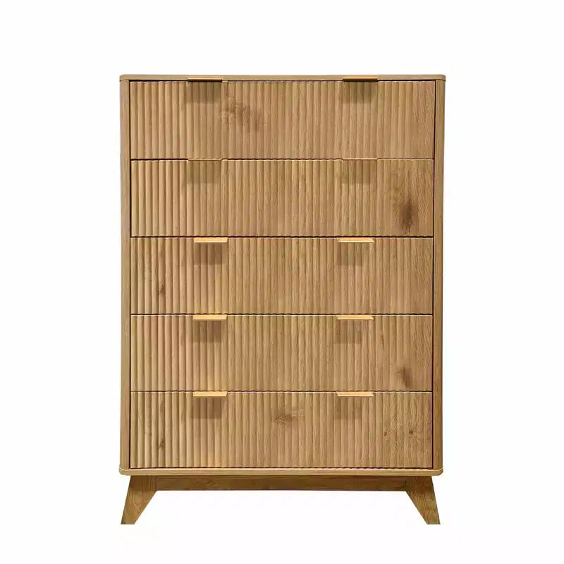 Commode haute à 5 tiroirs en bois cannelé Waveform, rangement moderne pour salon, chambre d'enfant, crèche