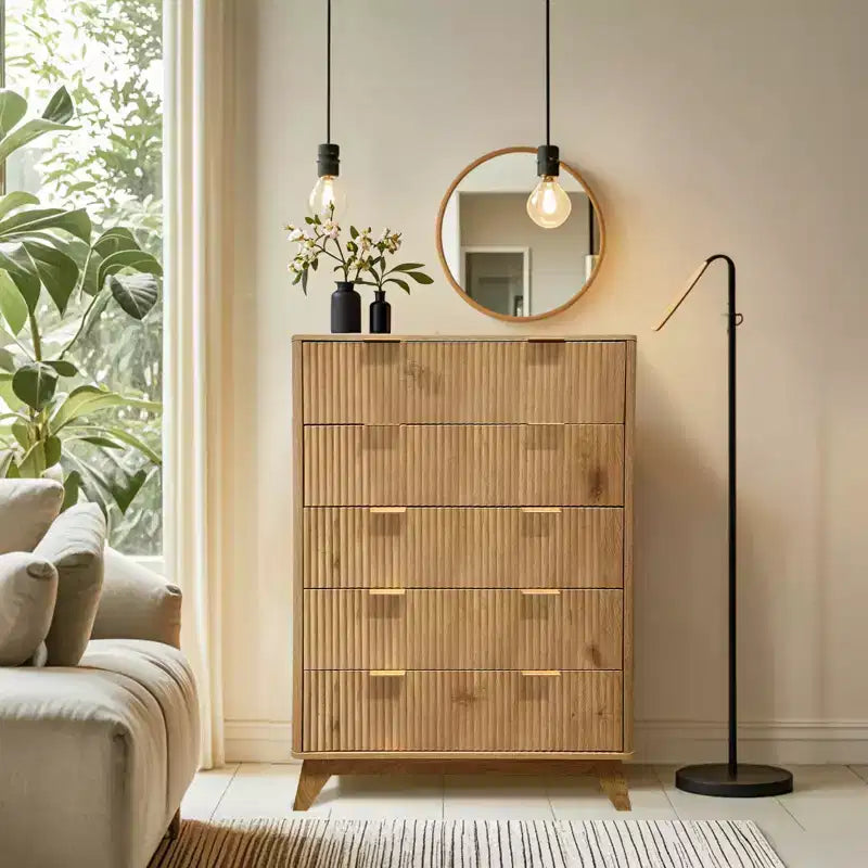 Commode haute à 5 tiroirs en bois cannelé Waveform, rangement moderne pour salon, chambre d'enfant, crèche