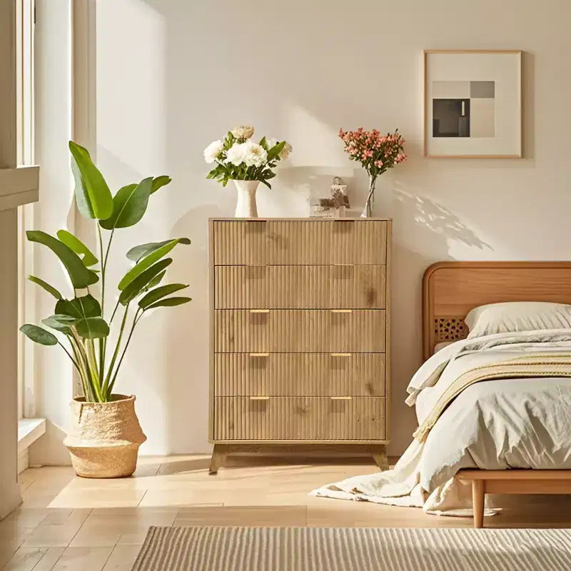 Commode haute à 5 tiroirs en bois cannelé Waveform, rangement moderne pour salon, chambre d'enfant, crèche