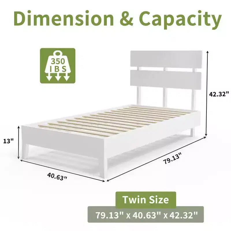 Cadre de lit double en bois massif avec tête de lit, style moderne du milieu du siècle, blanc