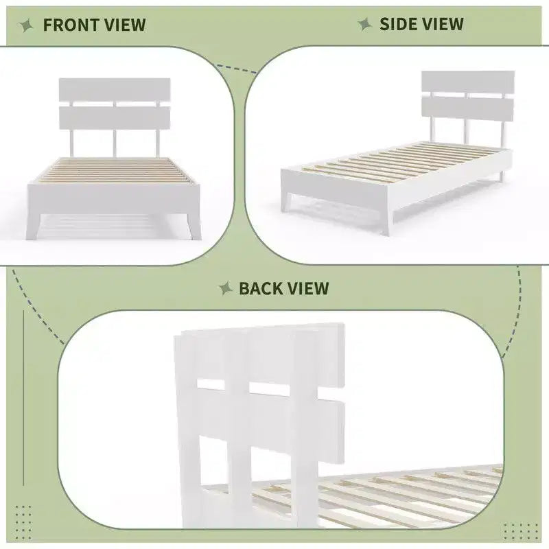 Cadre de lit double en bois massif avec tête de lit, style moderne du milieu du siècle, blanc