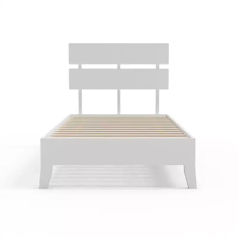 Cadre de lit double en bois massif avec tête de lit, style moderne du milieu du siècle, blanc