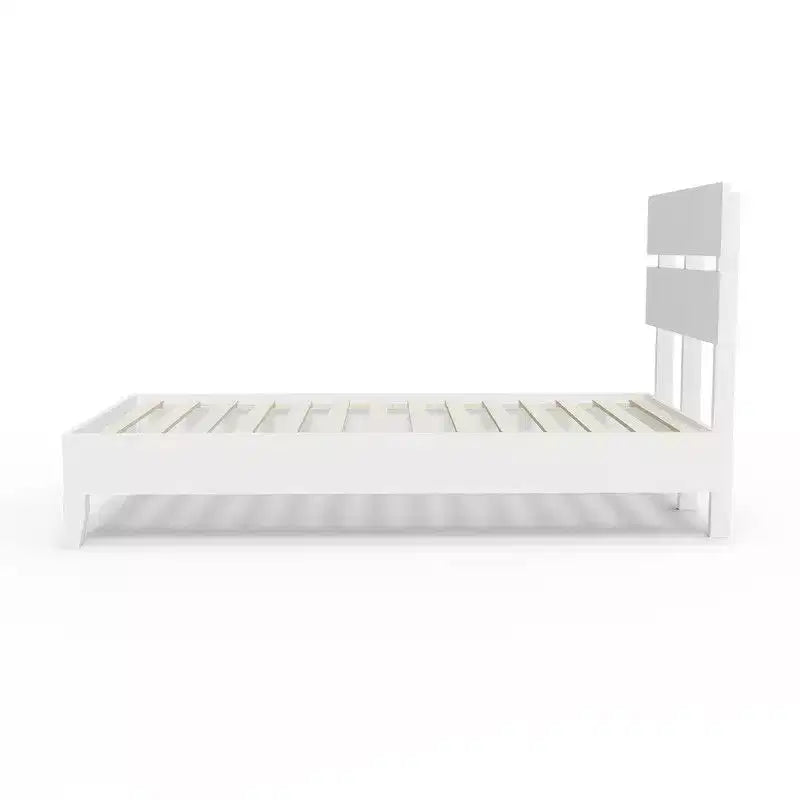 Cadre de lit double en bois massif avec tête de lit, style moderne du milieu du siècle, blanc