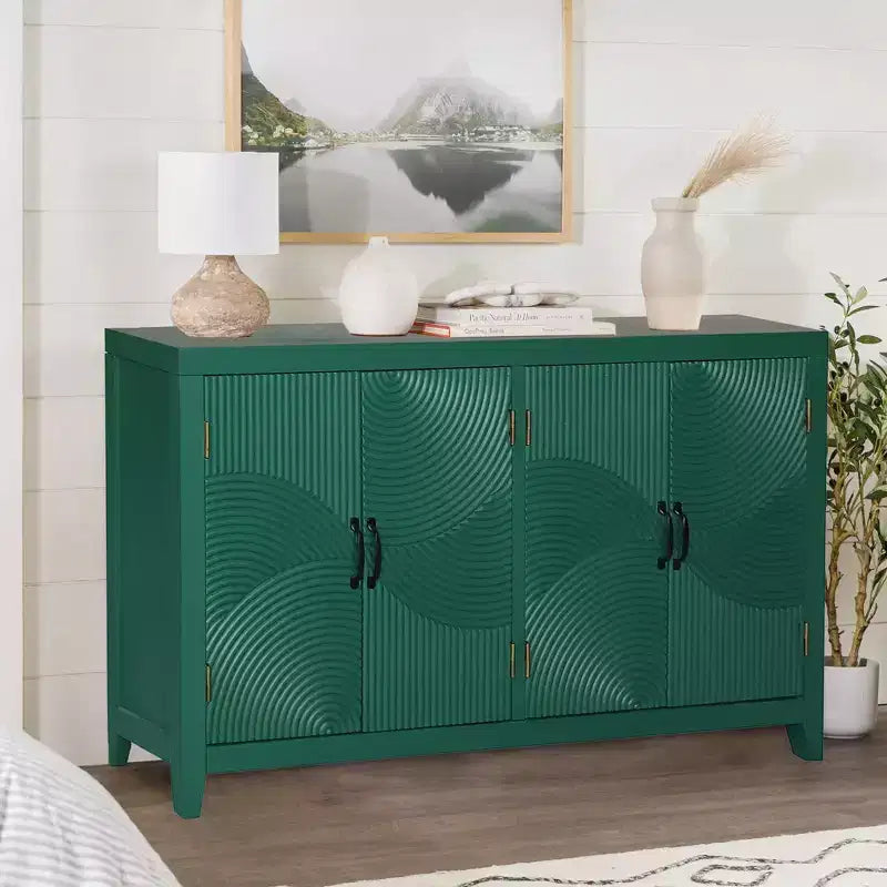 Meuble console de rangement Mid-Century Modern en sapin de 150 cm avec 4 portes