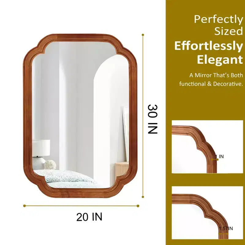 Miroir décoratif 20 x 30 cm à cadre en bois massif marron jaunâtre et coins arrondis, pour chambre, salle de bain, salon, entrée