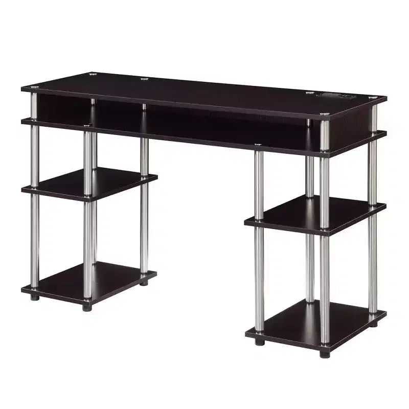 Bureau étudiant sans outils avec station de charge et étagères, Espresso