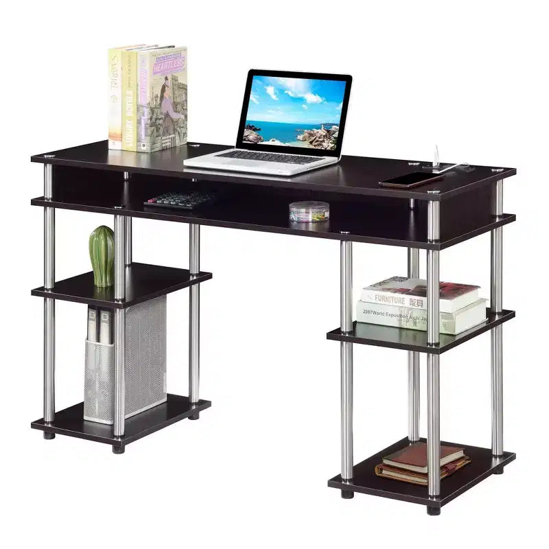 Bureau étudiant sans outils avec station de charge et étagères, Espresso