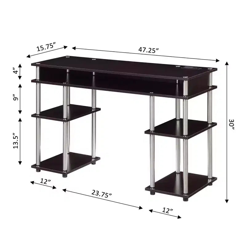 Bureau étudiant sans outils avec station de charge et étagères, Espresso
