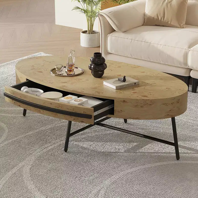Table basse ovale de style Mid-Century Modern - 120 cm, table de rangement en bois avec tiroir, design incurvé unique et pieds en métal croisés pour salon