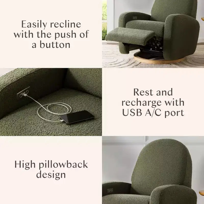 Fauteuil inclinable et pivotant électronique avec port USB, tissu bouclette, chaise de nurserie
