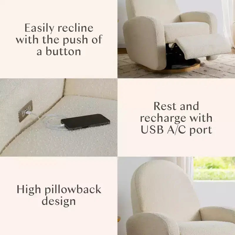 Fauteuil inclinable et pivotant électronique avec port USB, tissu bouclette, chaise de nurserie