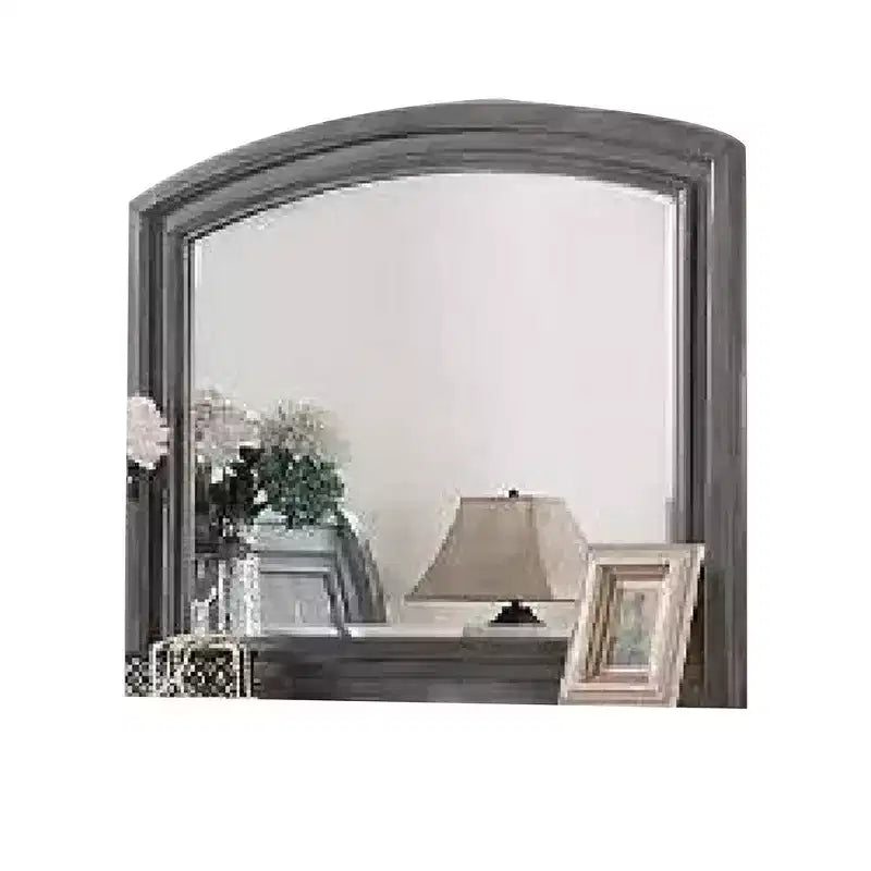Miroir de commode, cadre en bois de pin gris, détails sculptés rustiques 36x42