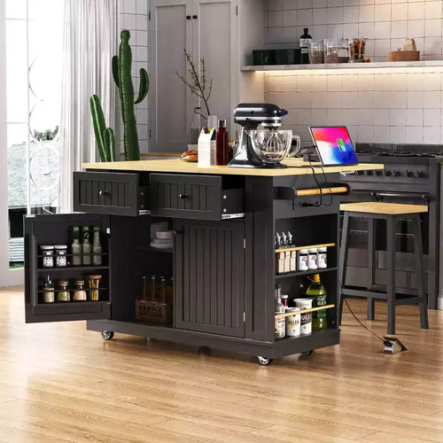 Grand îlot de cuisine de 48 pouces avec panneau rabattable, chariot de rangement mobile à 5 roues avec 5 étagères latérales ouvertes (tabourets non inclus) Noir