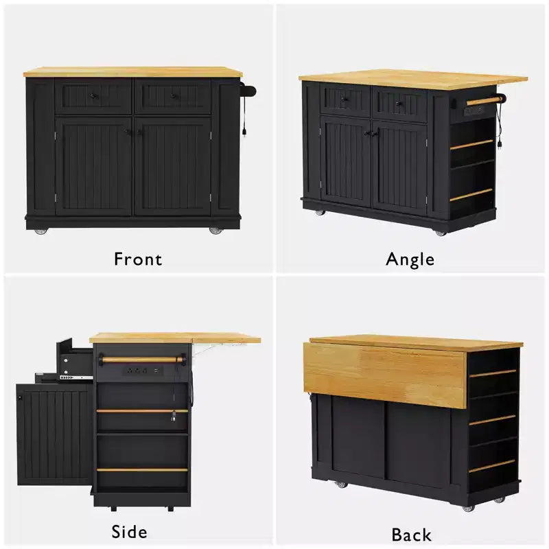 Grand îlot de cuisine de 48 pouces avec panneau rabattable, chariot de rangement mobile à 5 roues avec 5 étagères latérales ouvertes (tabourets non inclus) Noir