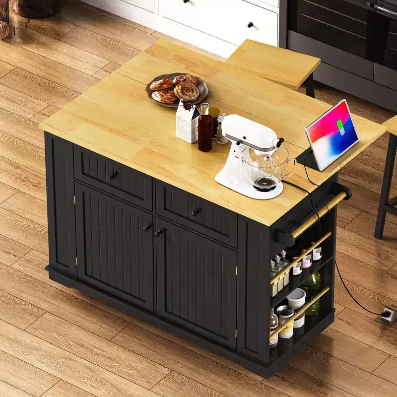 Grand îlot de cuisine de 48 pouces avec panneau rabattable, chariot de rangement mobile à 5 roues avec 5 étagères latérales ouvertes (tabourets non inclus) Noir