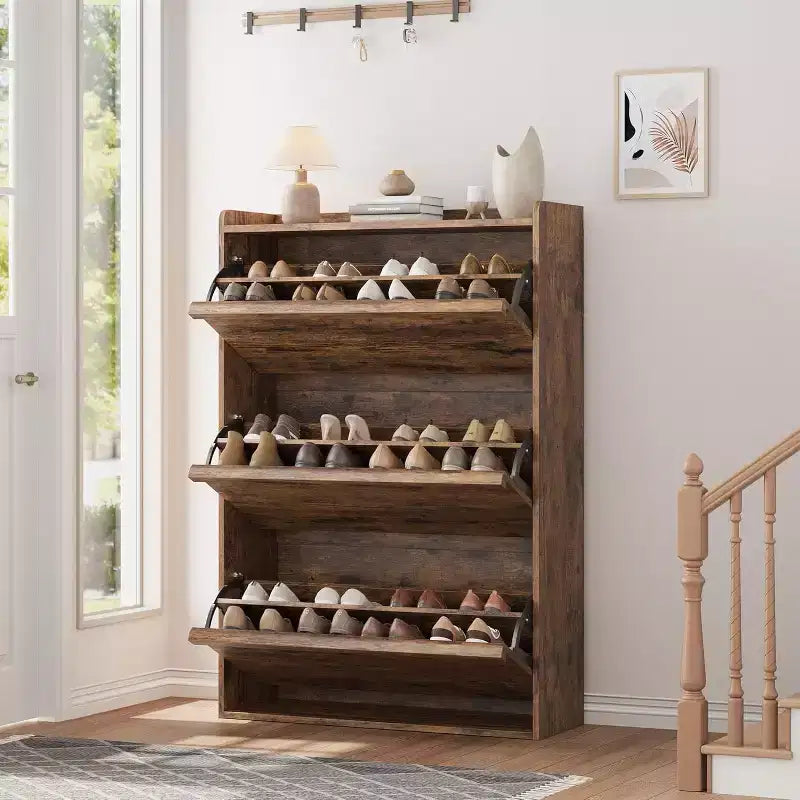 Meuble à chaussures avec tiroirs basculants, meuble à chaussures en bois dissimulé, meuble de rangement à chaussures autoportant pour entrée ou couloir