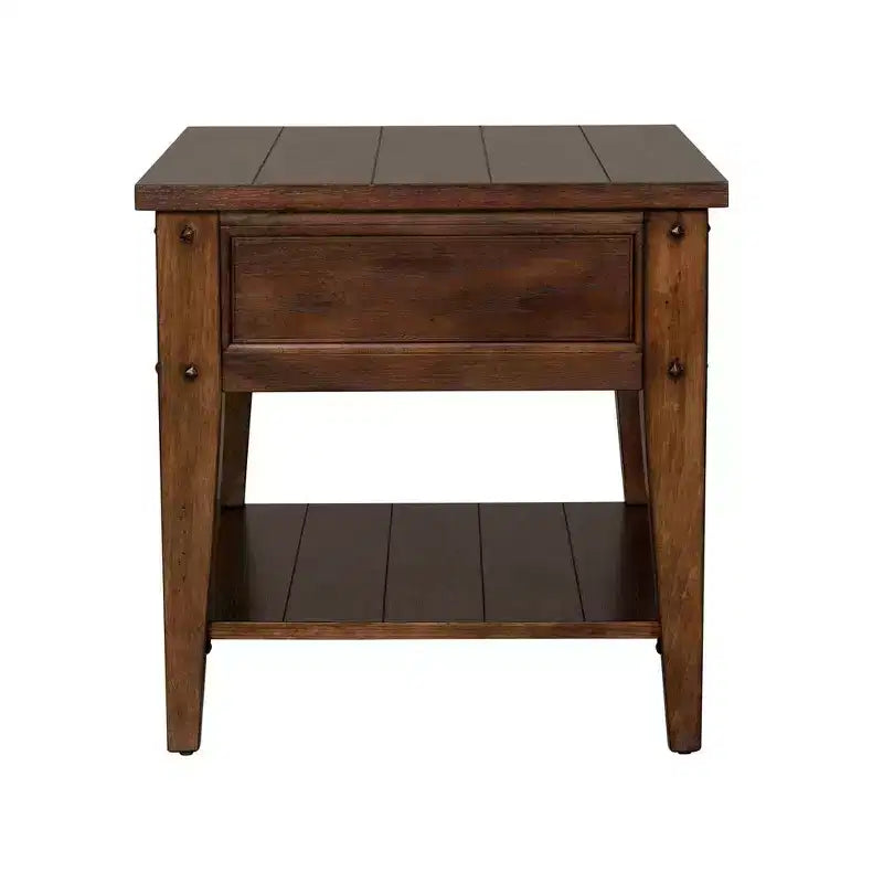 Table de chevet rustique avec tiroir et étagère inférieure, finition chêne
