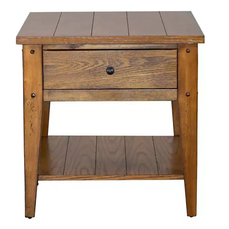 Table de chevet rustique avec tiroir et étagère inférieure, finition chêne