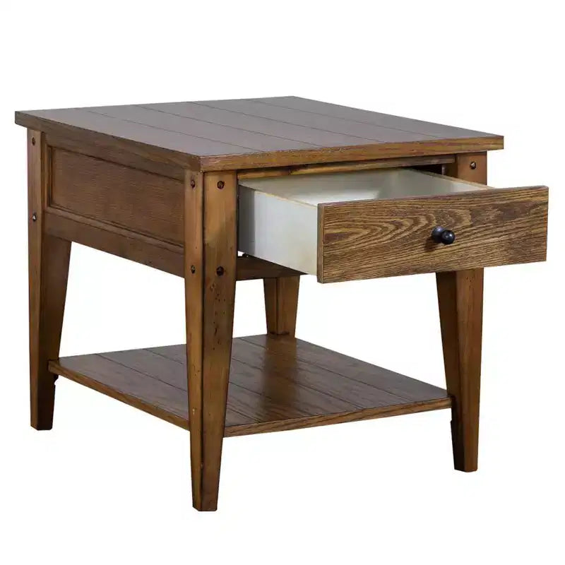Table de chevet rustique avec tiroir et étagère inférieure, finition chêne
