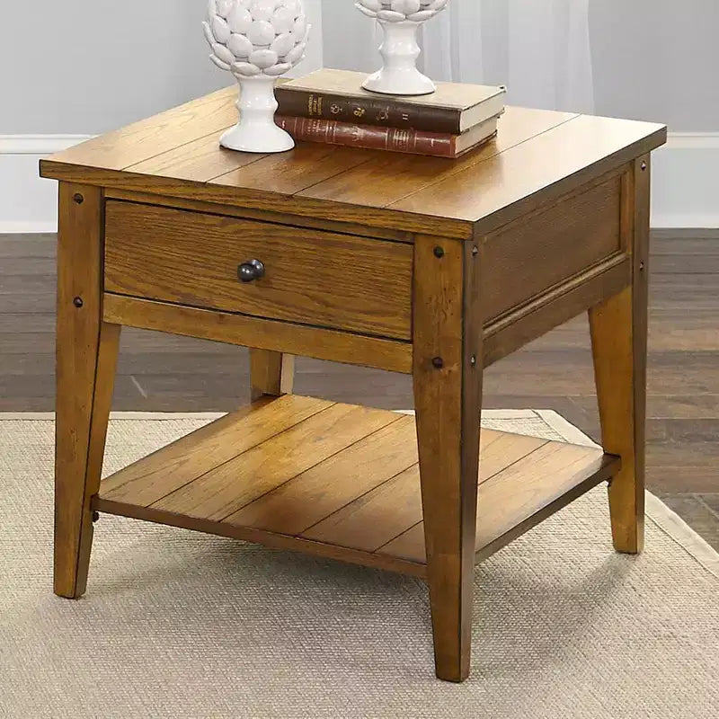 Table de chevet rustique avec tiroir et étagère inférieure, finition chêne