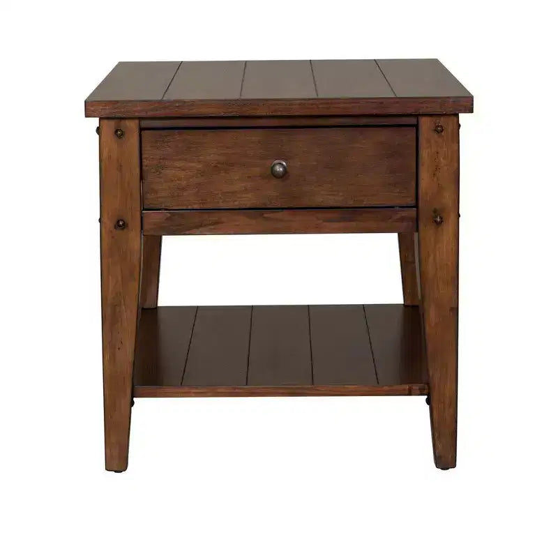 Table de chevet rustique avec tiroir et étagère inférieure, finition chêne