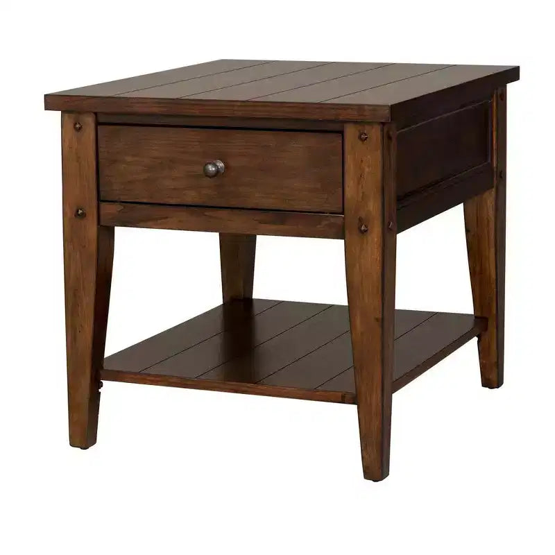 Table de chevet rustique avec tiroir et étagère inférieure, finition chêne