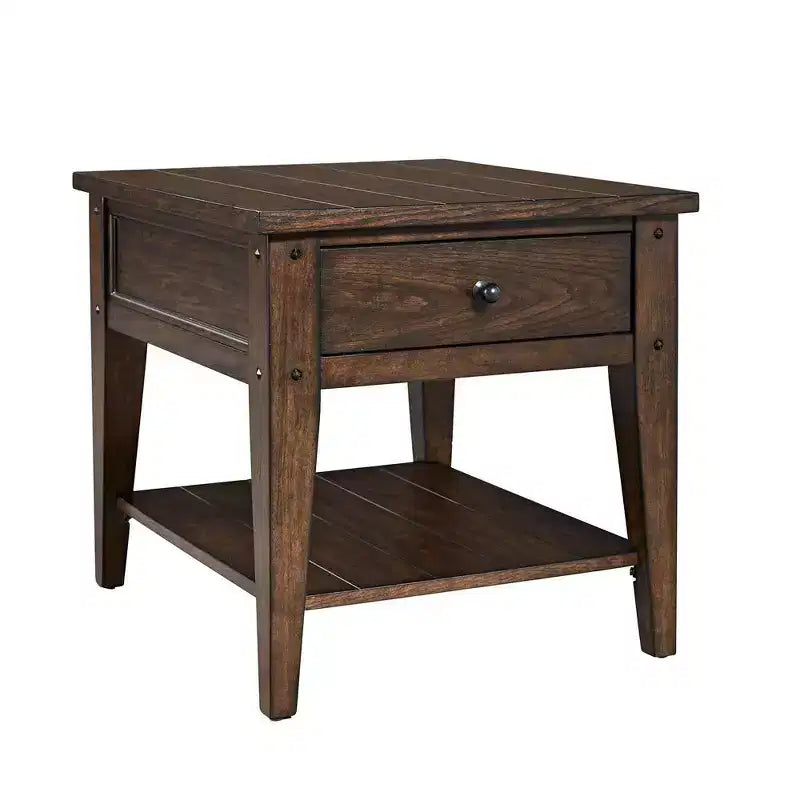 Table de chevet rustique avec tiroir et étagère inférieure, finition chêne