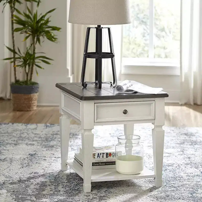 Table d'appoint avec tiroir, finition brossée blanche avec plateau anthracite