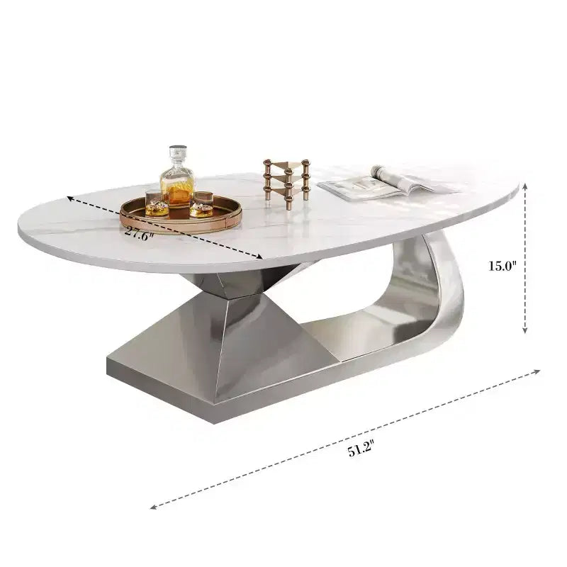 Table basse moderne en pierre frittée avec base sculpturale en acier inoxydable, en forme de galet imitation marbre