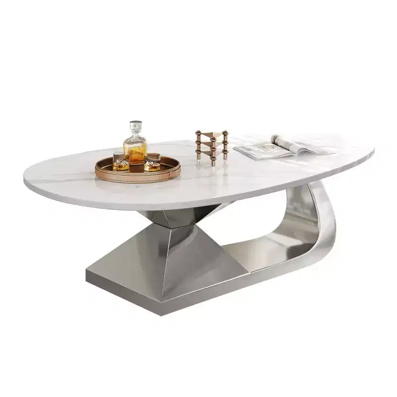 Table basse moderne en pierre frittée avec base sculpturale en acier inoxydable, en forme de galet imitation marbre