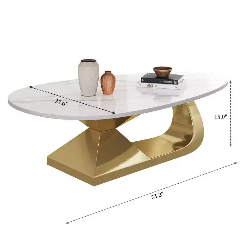 Table basse moderne en pierre frittée avec base sculpturale en acier inoxydable, en forme de galet imitation marbre