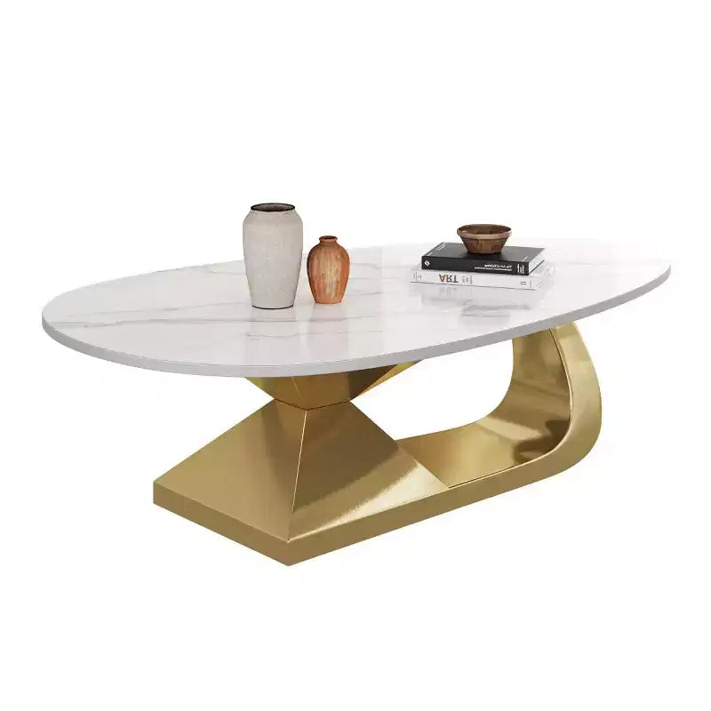 Table basse moderne en pierre frittée avec base sculpturale en acier inoxydable, en forme de galet imitation marbre