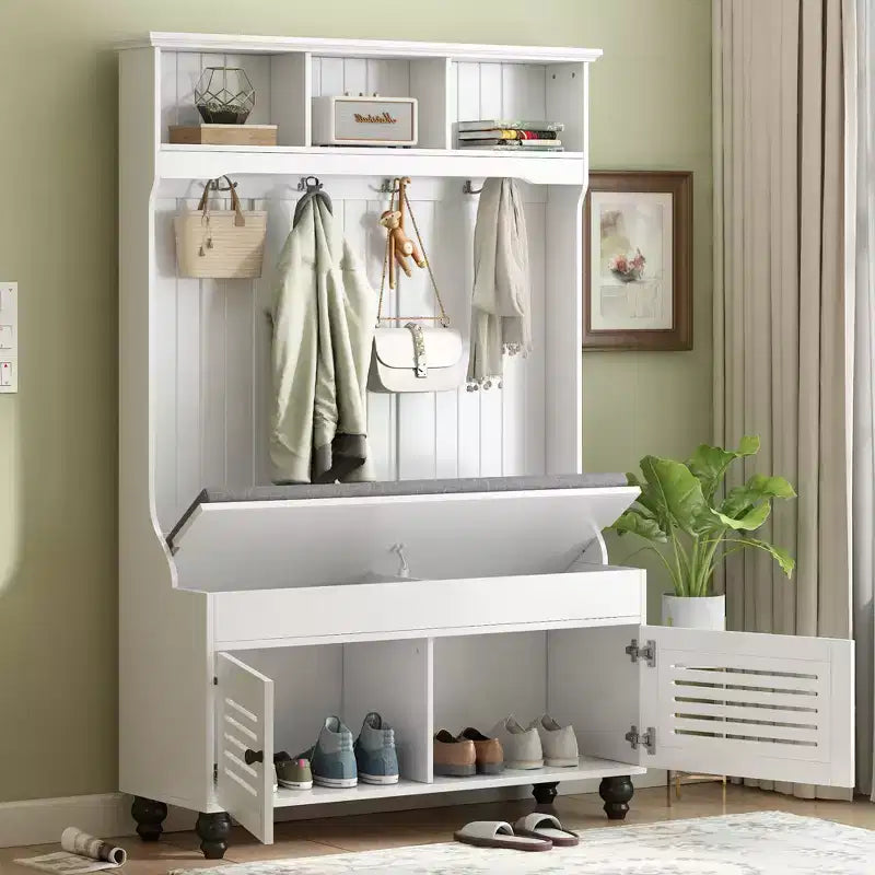Arbre d'entrée 5-en-1 avec portes persiennes, porte-manteau autoportant avec coussin et 4 patères, blanc