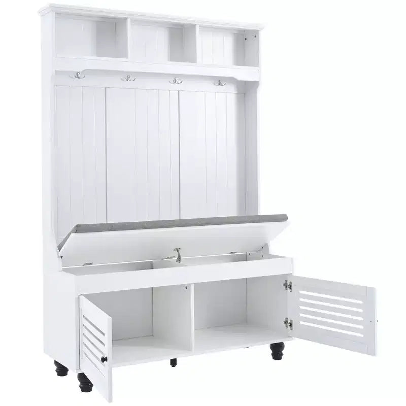 Arbre d'entrée 5-en-1 avec portes persiennes, porte-manteau autoportant avec coussin et 4 patères, blanc