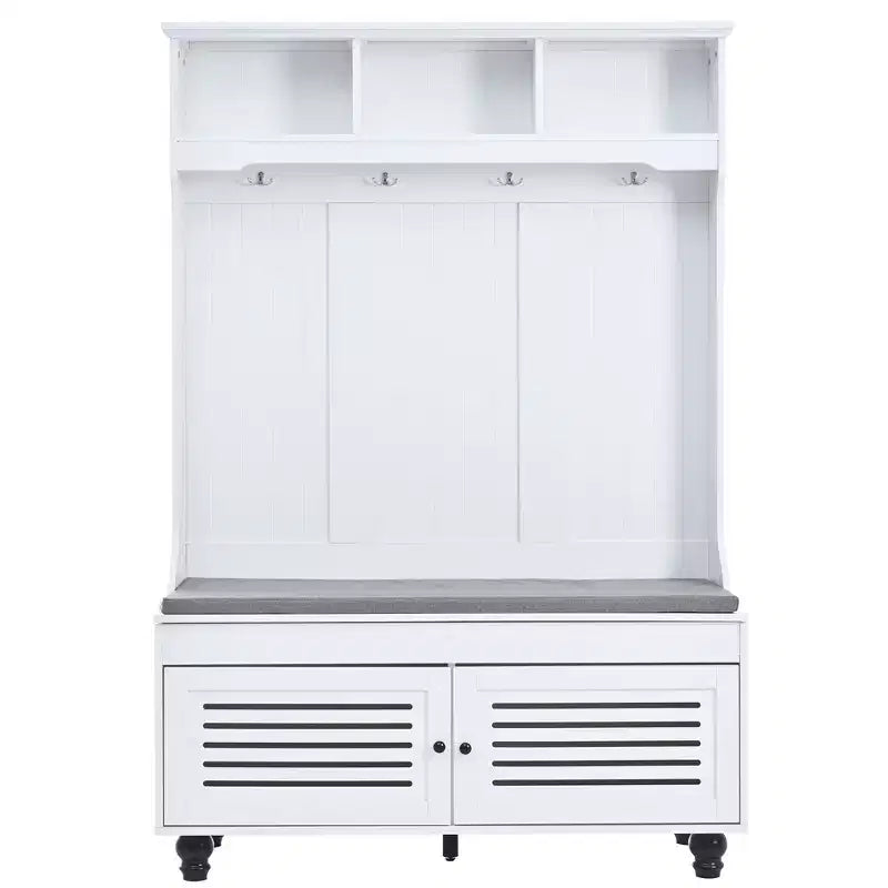 Arbre d'entrée 5-en-1 avec portes persiennes, porte-manteau autoportant avec coussin et 4 patères, blanc