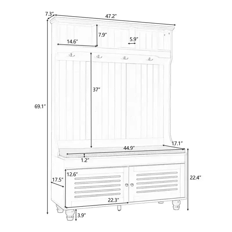 Arbre d'entrée 5-en-1 avec portes persiennes, porte-manteau autoportant avec coussin et 4 patères, blanc