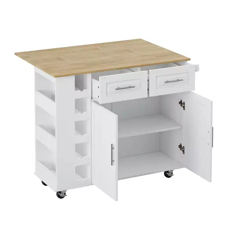 Desserte de cuisine blanche avec placard à 2 portes et 2 tiroirs, plateau pliant en bois d'hévéa, porte-épices et casier à vin