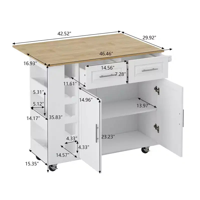 Desserte de cuisine blanche avec placard à 2 portes et 2 tiroirs, plateau pliant en bois d'hévéa, porte-épices et casier à vin