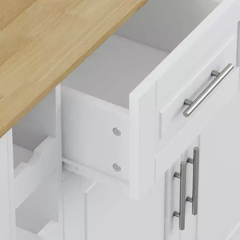 Desserte de cuisine blanche avec placard à 2 portes et 2 tiroirs, plateau pliant en bois d'hévéa, porte-épices et casier à vin