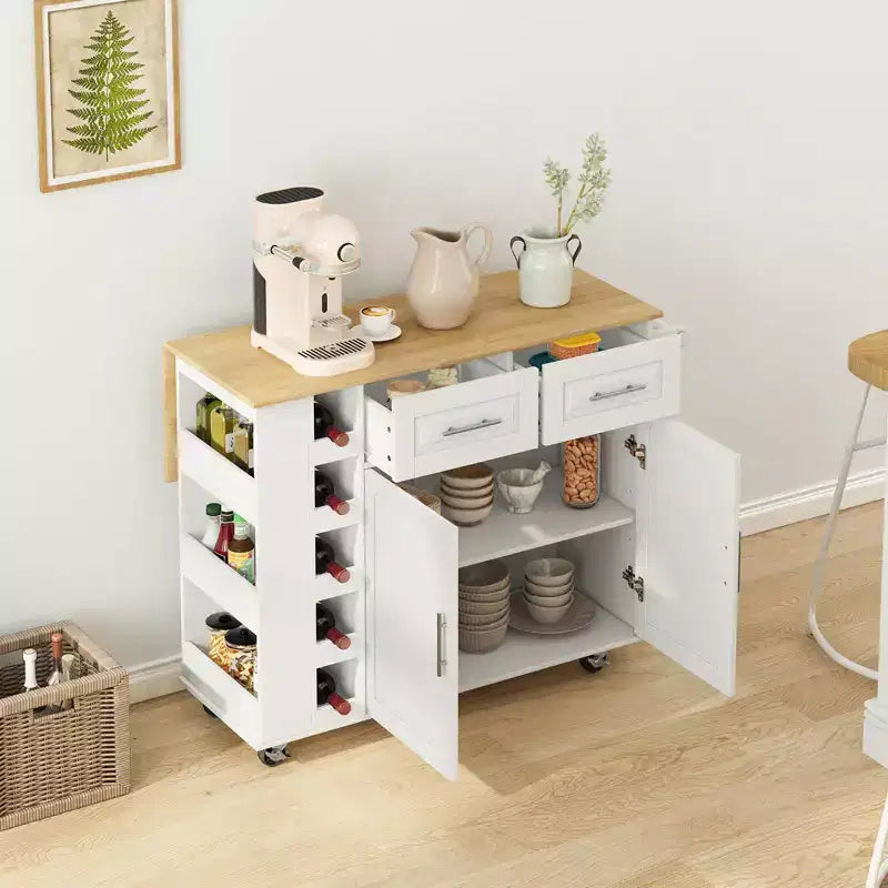 Desserte de cuisine blanche avec placard à 2 portes et 2 tiroirs, plateau pliant en bois d'hévéa, porte-épices et casier à vin