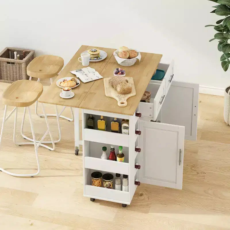 Desserte de cuisine blanche avec placard à 2 portes et 2 tiroirs, plateau pliant en bois d'hévéa, porte-épices et casier à vin